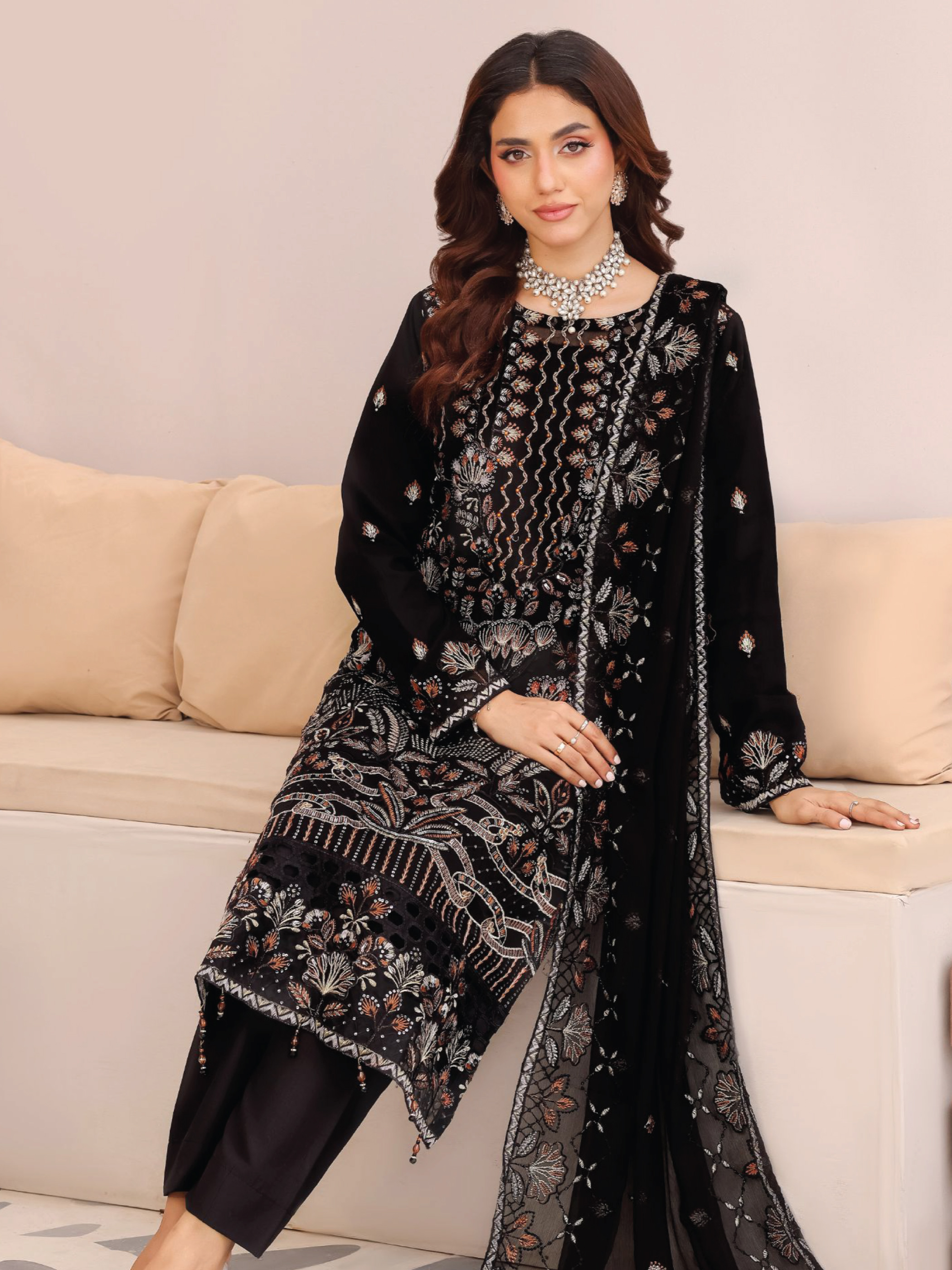 Royal Orchid Luxary Embroidered Chiffon 3-Piece - Black