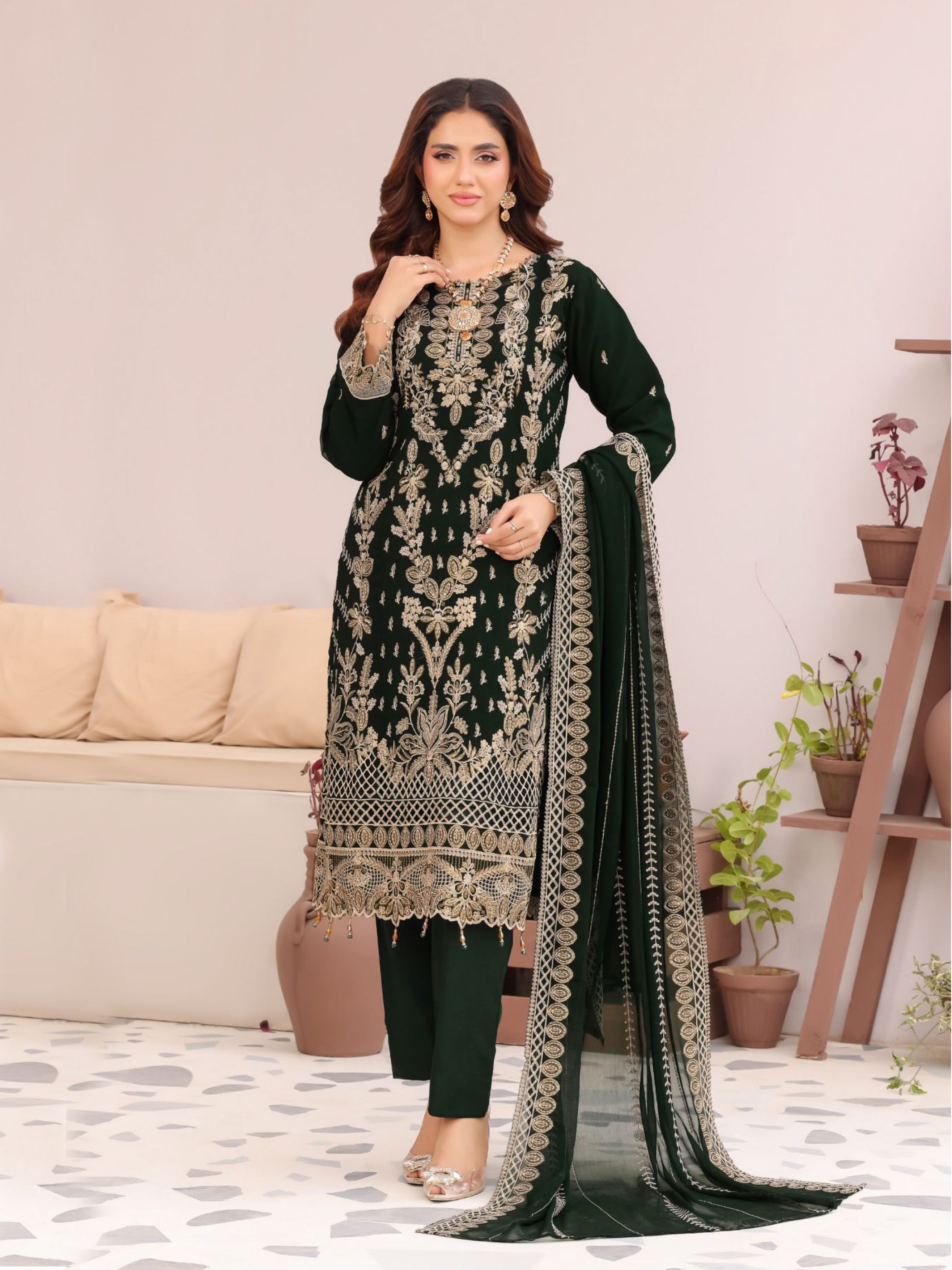 Royal Orchid Luxary Embroidered Chiffon 3-Piece - Sea Green