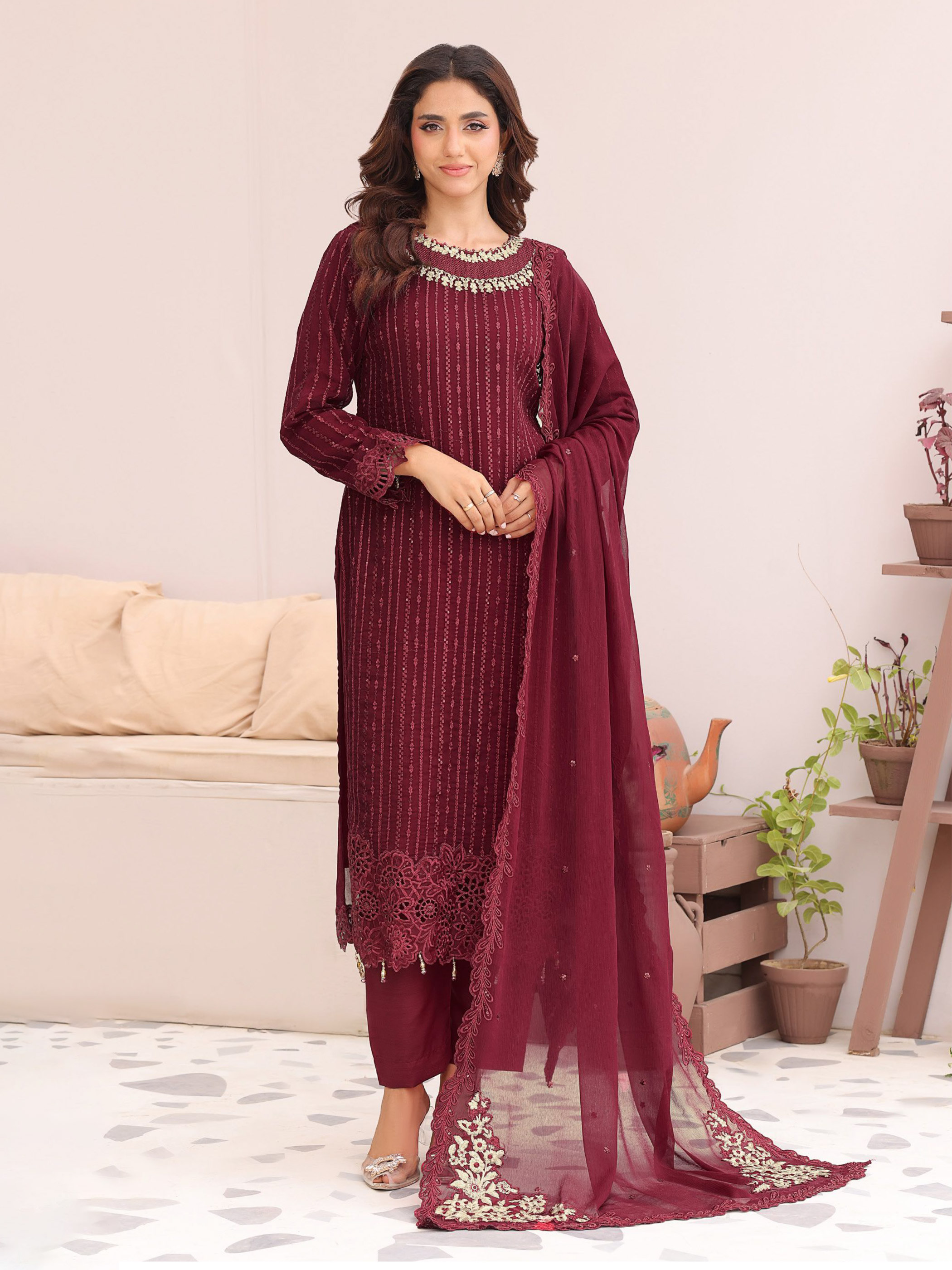 Royal Orchid Luxary Embroidered Chiffon 3-Piece - Red Brown