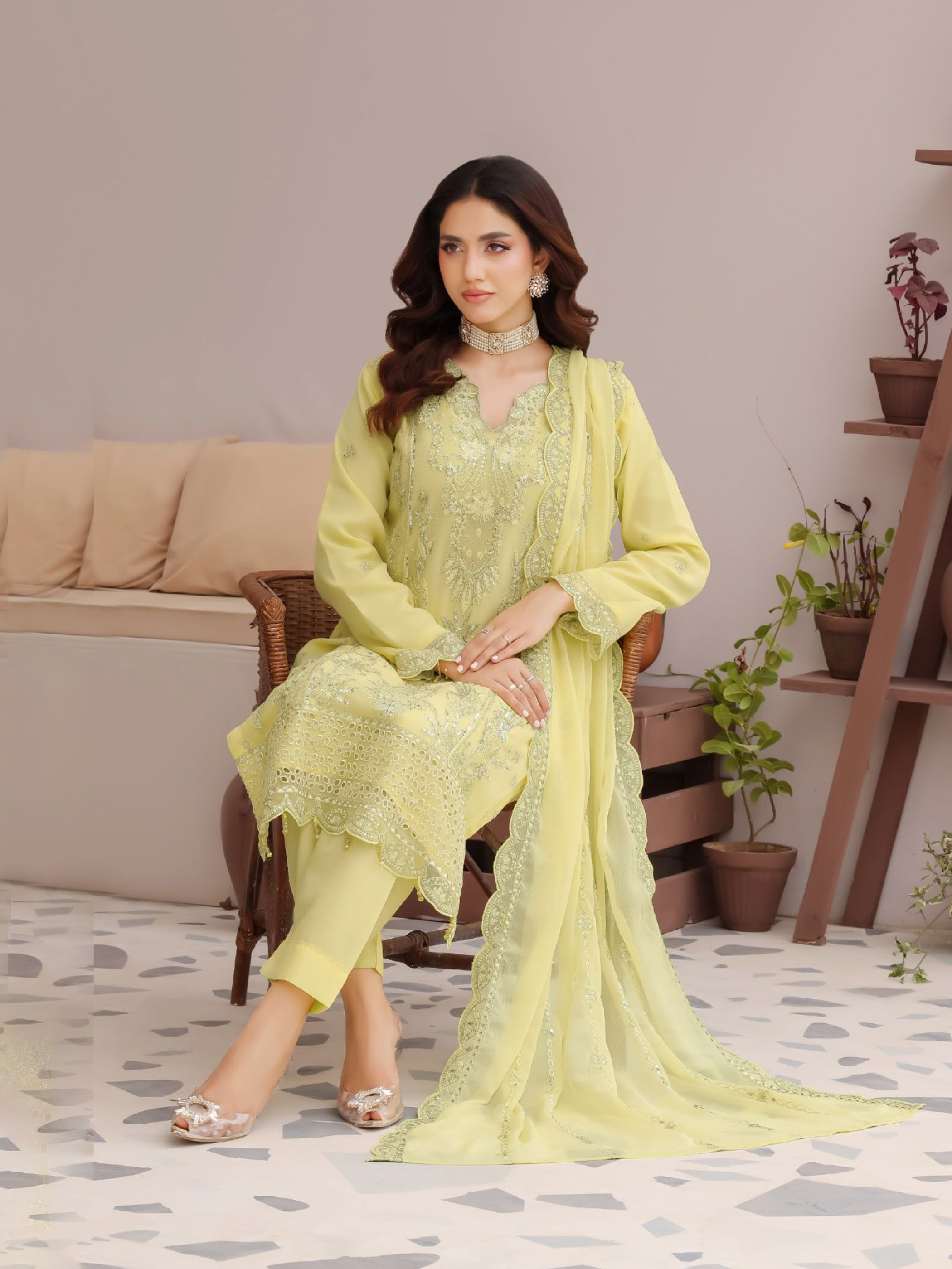 Royal Orchid Luxary Embroidered Chiffon 3-Piece - Light Yellow